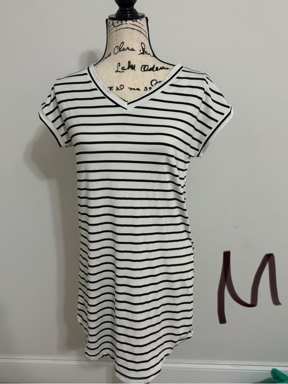 Black & White Striped V-Neck T-Shirt Dress